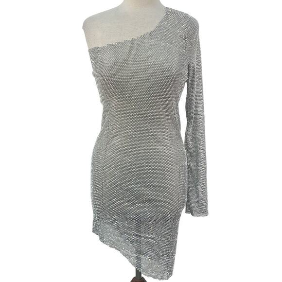Santa Silver Rhinestone One Sleeve Asymmetrical Bodycon Dress Women M/L Preowned - Picture 1 of 5